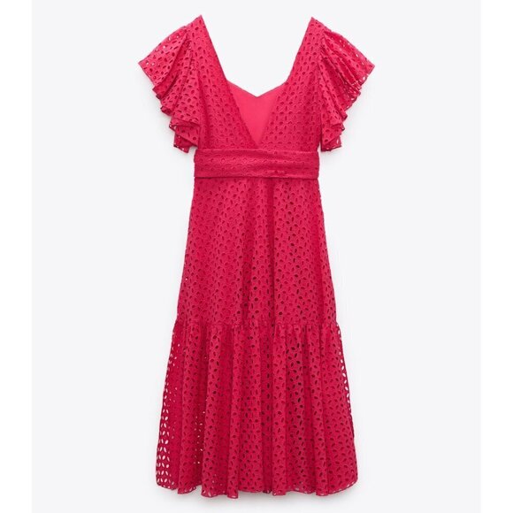 Zara eyelet Cutwork Embroidered Midi Dress Size S hot pink - Picture 3 of 11